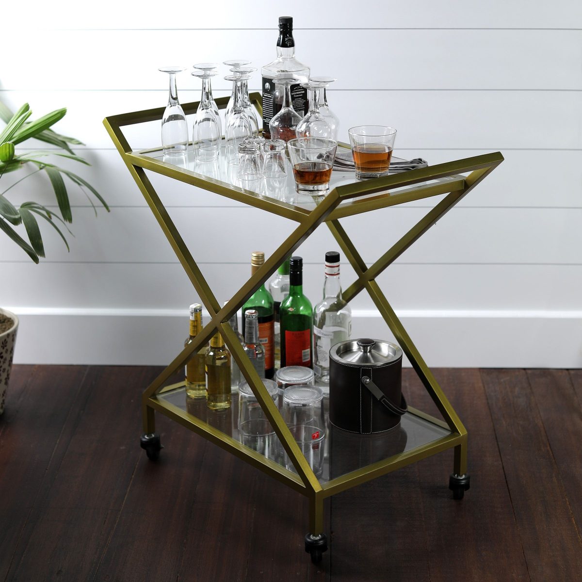 Modern Metal & Glass Bar Trolley | Gold Finish Serving Cart with Wheels Modern Metal & Glass Bar Trolley | Gold Finish Serving Cart with Wheels
