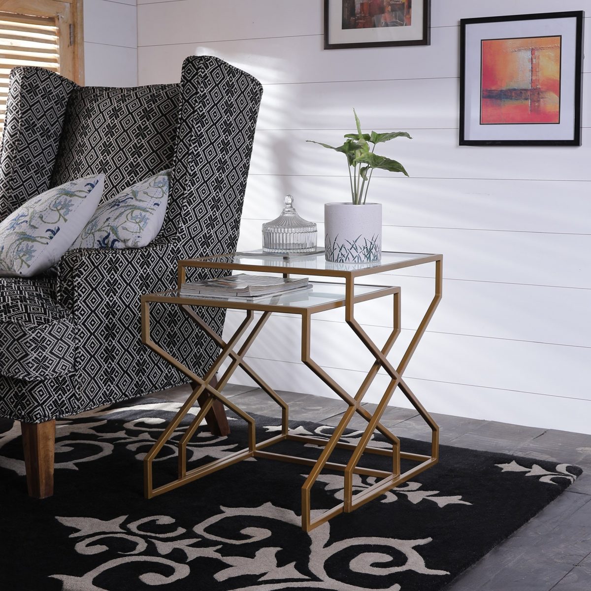 Set of 2 Gold Geometric Metal & Glass Nesting Tables - Modern Accent Side Tables Set of 2 Gold Geometric Metal & Glass Nesting Tables - Modern Accent Side Tables