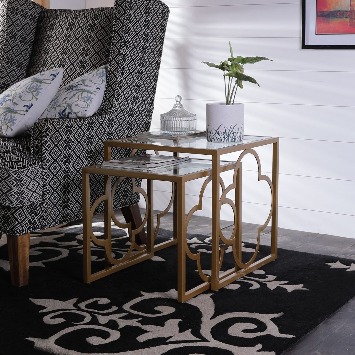 Set of 2 Gold Metal & Glass Nesting Tables - Modern Moroccan Accent Tables Set of 2 Gold Metal & Glass Nesting Tables - Modern Moroccan Accent Tables