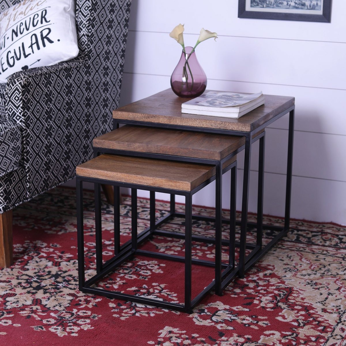 Set of 3 Industrial Wood & Metal Nesting Tables - Rustic Accent Side Tables Set of 3 Industrial Wood & Metal Nesting Tables - Rustic Accent Side Tables