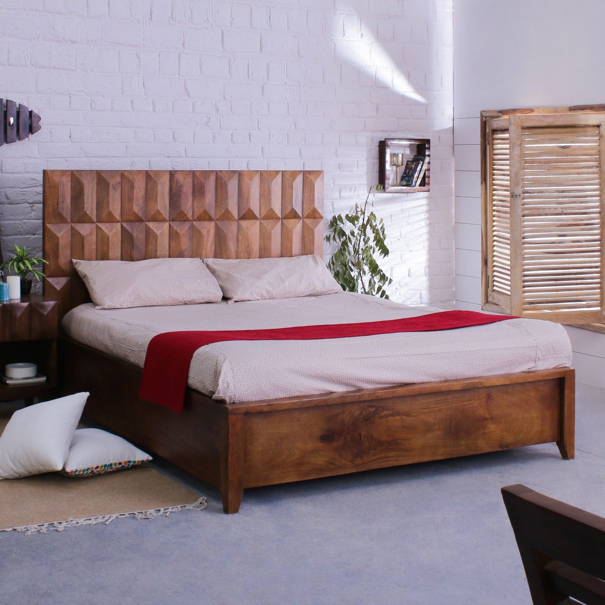 Mid Century Style Geometric Pattern Solid Wood Bed With Storage In Light Walnut - King Size Mid Century Style Geometric Pattern Solid Wood Bed With Storage In Light Walnut - King Size