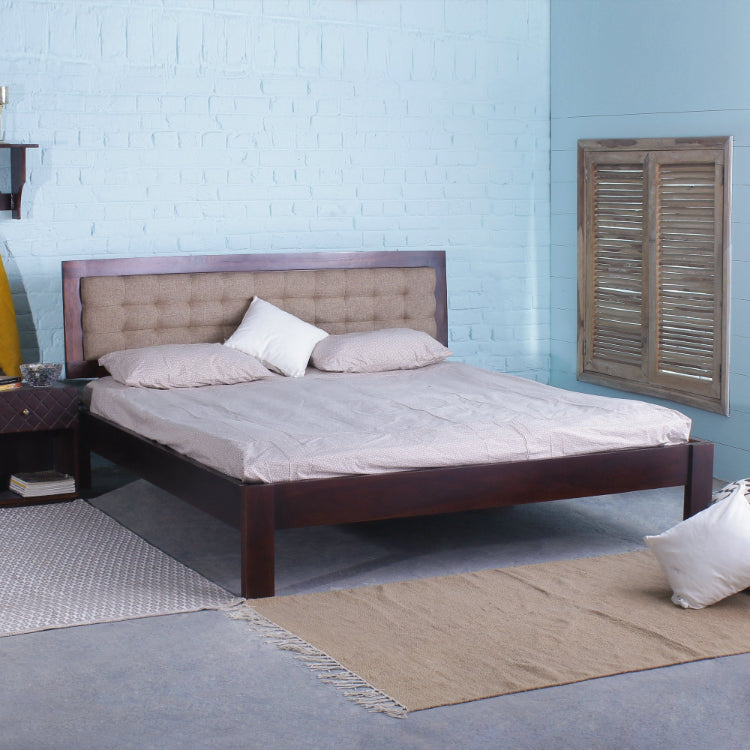 Quilted Upholstered Back Solid Sheesham Wood Bed In Dark Walnut - King Size Quilted Upholstered Back Solid Sheesham Wood Bed In Dark Walnut - King Size