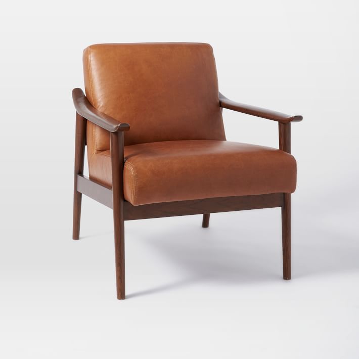 Tan Leather Armchair | Mid-Century Modern Wood Frame Chair