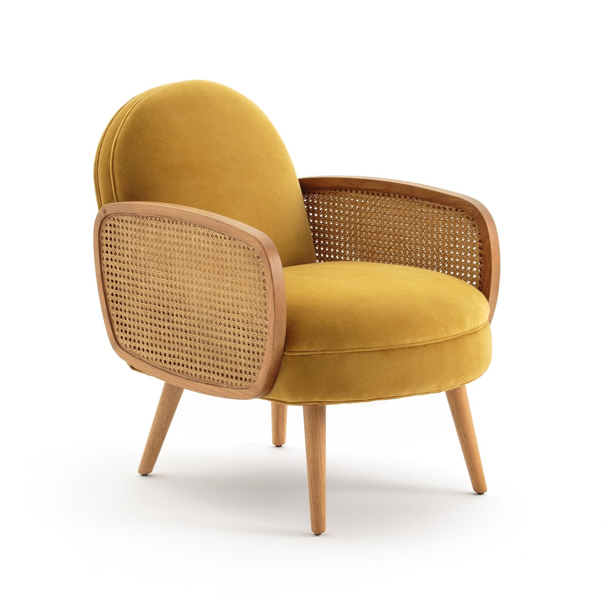 Velvet Cane Armchair – Mustard Yellow Lounge Chair with Wooden Frame Velvet Cane Armchair – Mustard Yellow Lounge Chair with Wooden Frame
