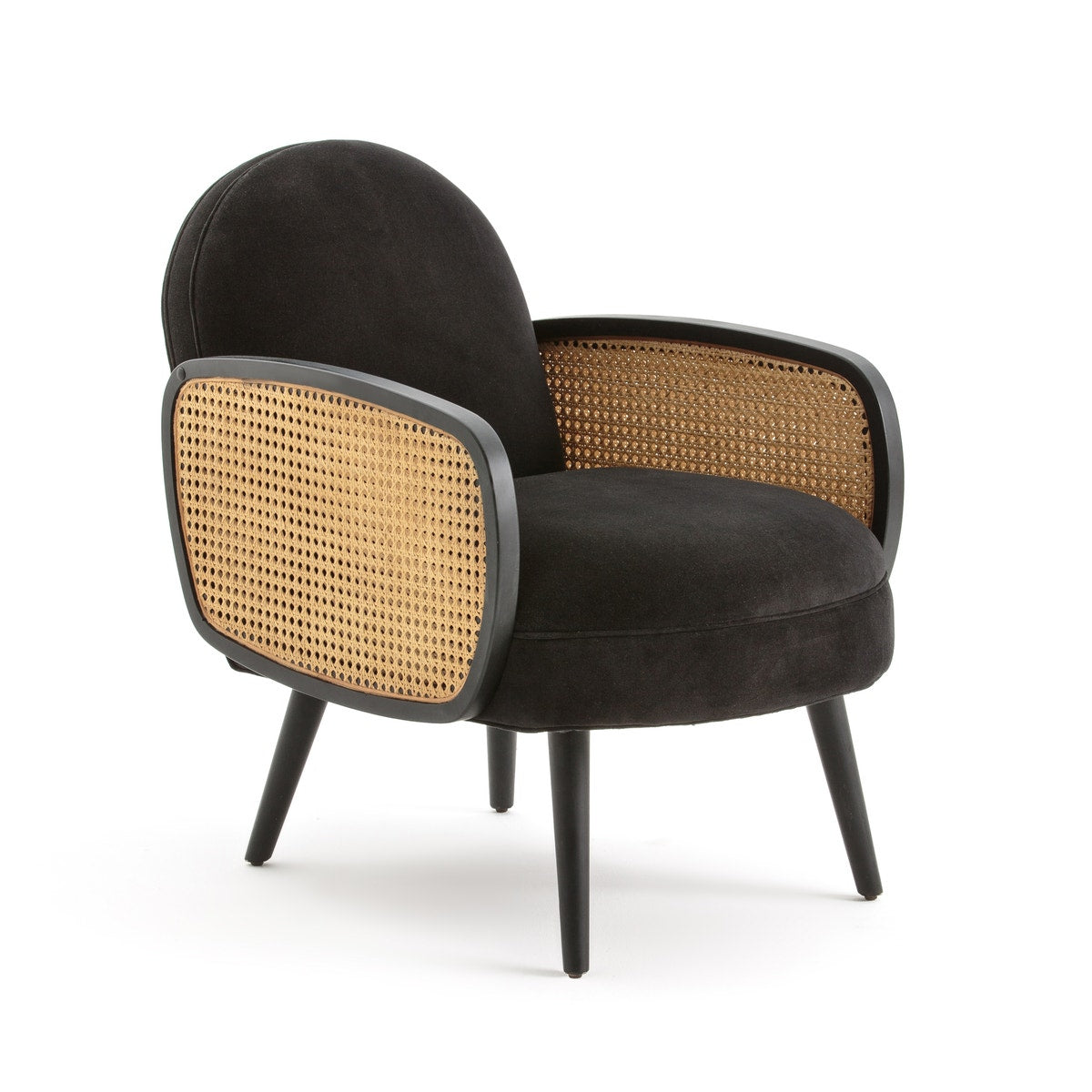 Elegant Rattan & Black Velvet Armchair | Modern Accent Chair Elegant Rattan & Black Velvet Armchair | Modern Accent Chair