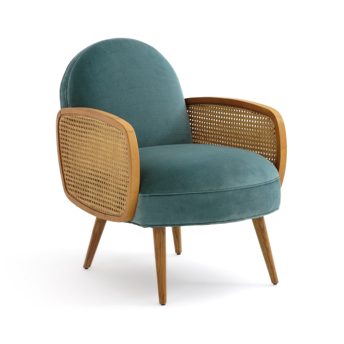 Velvet Cane Armchair – Teal Upholstered Lounge Chair with Wooden Frame