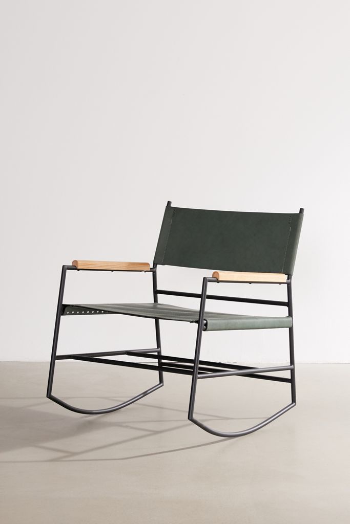 Modern Rocking Chair – Metal Frame with Leather Seat and Wooden Armrests