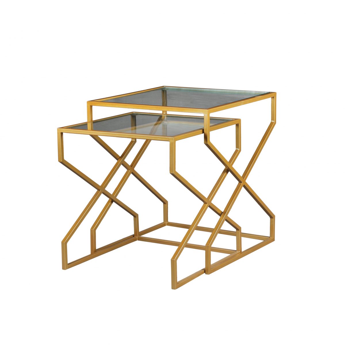Set of 2 Gold Geometric Metal & Glass Nesting Tables - Modern Accent Side Tables Set of 2 Gold Geometric Metal & Glass Nesting Tables - Modern Accent Side Tables