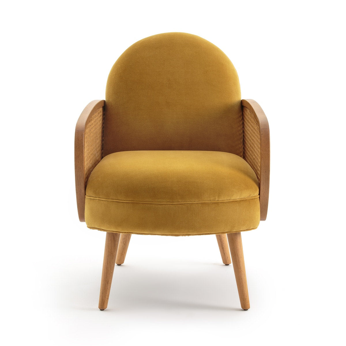 Velvet Cane Armchair – Mustard Yellow Lounge Chair with Wooden Frame Velvet Cane Armchair – Mustard Yellow Lounge Chair with Wooden Frame