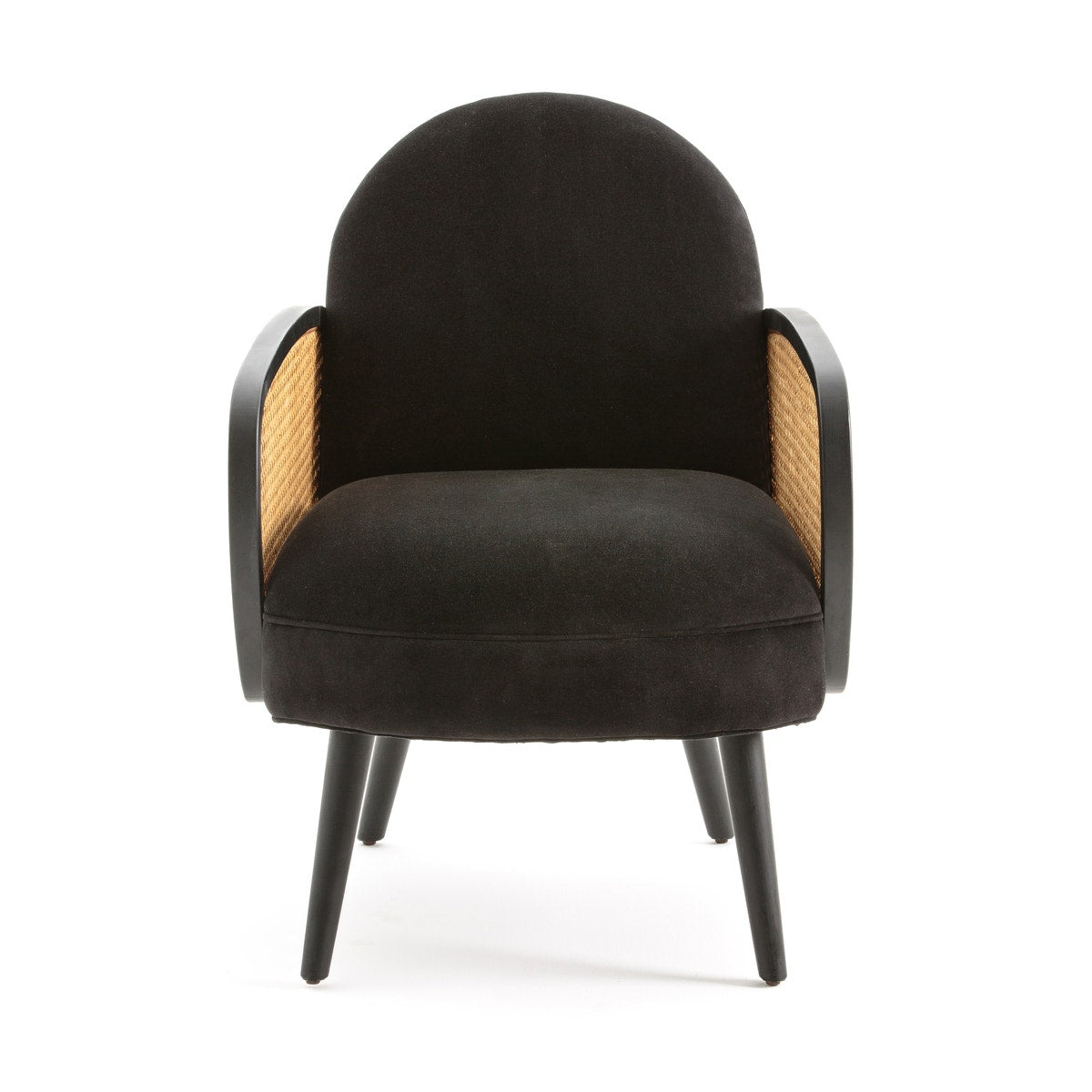 Elegant Rattan & Black Velvet Armchair | Modern Accent Chair Elegant Rattan & Black Velvet Armchair | Modern Accent Chair