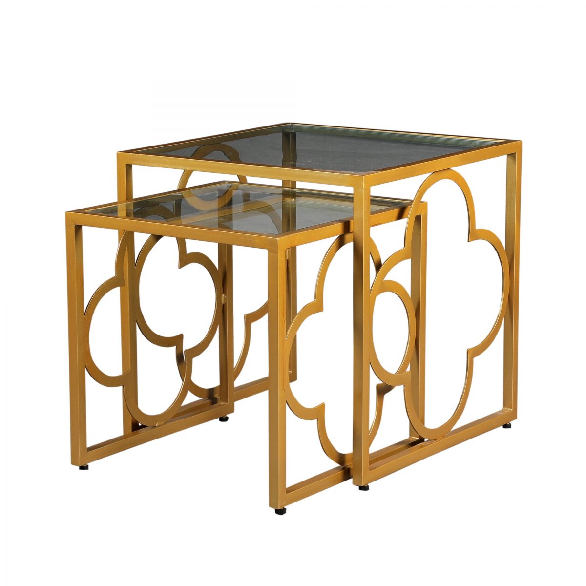 Set of 2 Gold Metal & Glass Nesting Tables - Modern Moroccan Accent Tables Set of 2 Gold Metal & Glass Nesting Tables - Modern Moroccan Accent Tables