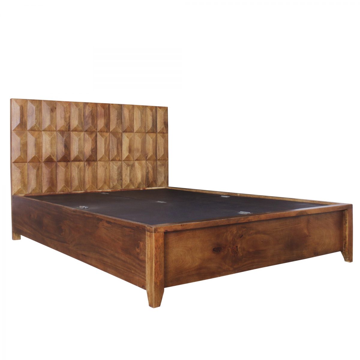Mid Century Style Geometric Pattern Solid Wood Bed With Storage In Light Walnut - King Size Mid Century Style Geometric Pattern Solid Wood Bed With Storage In Light Walnut - King Size
