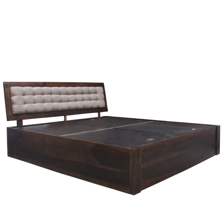 Quilted Upholstered Back Solid Sheesham Wood Bed With Storage In Dark Walnut - King Size Quilted Upholstered Back Solid Sheesham Wood Bed With Storage In Dark Walnut - King Size