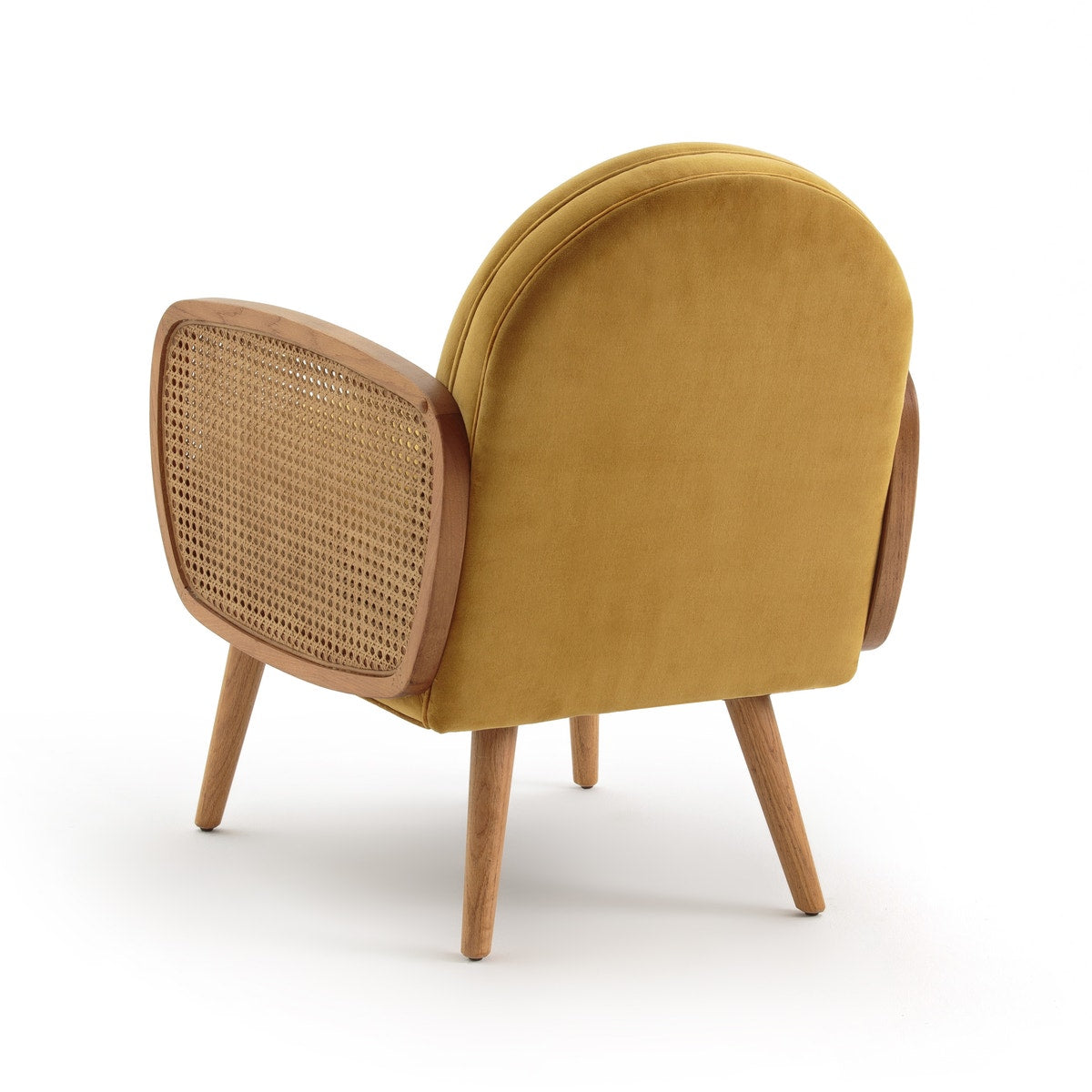 Velvet Cane Armchair – Mustard Yellow Lounge Chair with Wooden Frame Velvet Cane Armchair – Mustard Yellow Lounge Chair with Wooden Frame