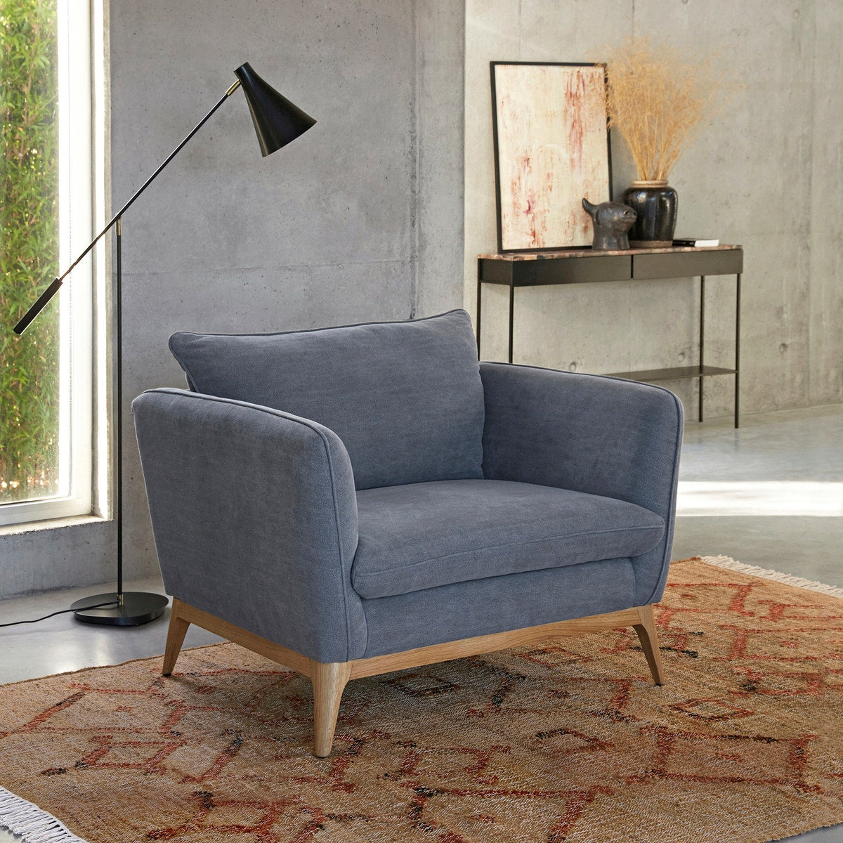 Contemporary Grey Fabric Armchair | Wooden Base Accent Chair Contemporary Grey Fabric Armchair | Wooden Base Accent Chair