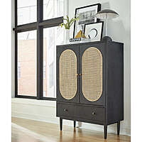 Modern Black Rattan Bar Cabinet with Oval Cane & Drawers - Accent Storage Modern Black Rattan Bar Cabinet with Oval Cane & Drawers - Accent Storage