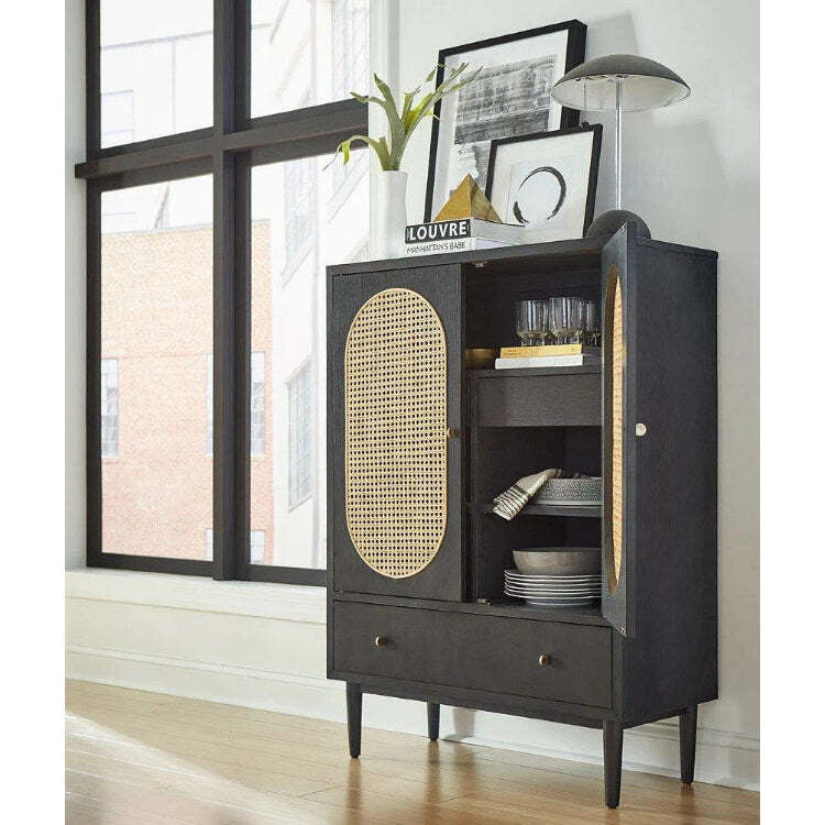 Modern Black Rattan Bar Cabinet with Oval Cane & Drawers - Accent Storage Modern Black Rattan Bar Cabinet with Oval Cane & Drawers - Accent Storage