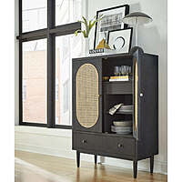 Modern Black Rattan Bar Cabinet with Oval Cane & Drawers - Accent Storage Modern Black Rattan Bar Cabinet with Oval Cane & Drawers - Accent Storage