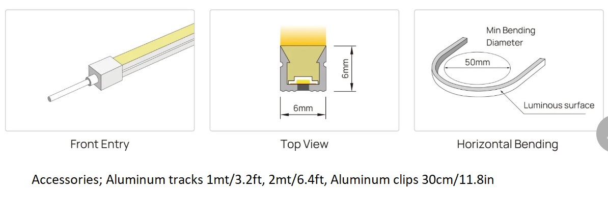 Neon-Flex 0606, 24VDC, 6 Watts/meter, 58LM/W, Dimmable, Cuts 25mm, Top Bend, 
