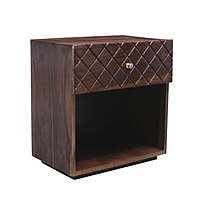 Checkered Pattern Solid Sheesham Wood Bedside Table In Light Wallnut Checkered Pattern Solid Sheesham Wood Bedside Table In Light Wallnut