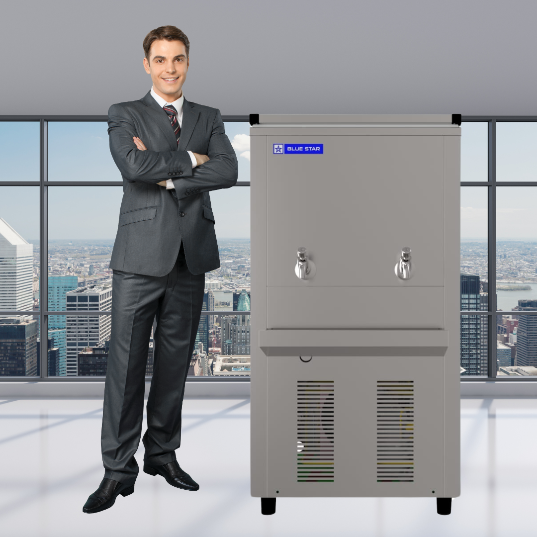 Blue Star SWC6080SS water cooler with a technician performing maintenance. Blue Star SWC6080SS water cooler with a technician performing maintenance.