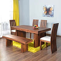 Solid Wood 6-Seater Dining Set | Rustic Table with Bench & Slatted Chairs