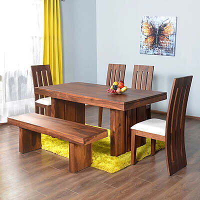 Solid Wood 6-Seater Dining Set | Rustic Table with Bench & Slatted Chairs